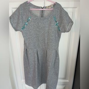 Cherokee Girls Gray Dress Sz L 10/12 Aqua Beads Pleated Zipper Backside‎